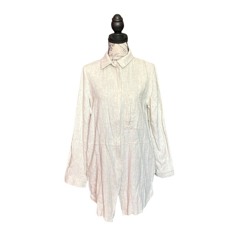 Tea N Rose Oatmeal Linen Blend Long Sleeve Button Down‎ Tunic Shirt Large IT8780